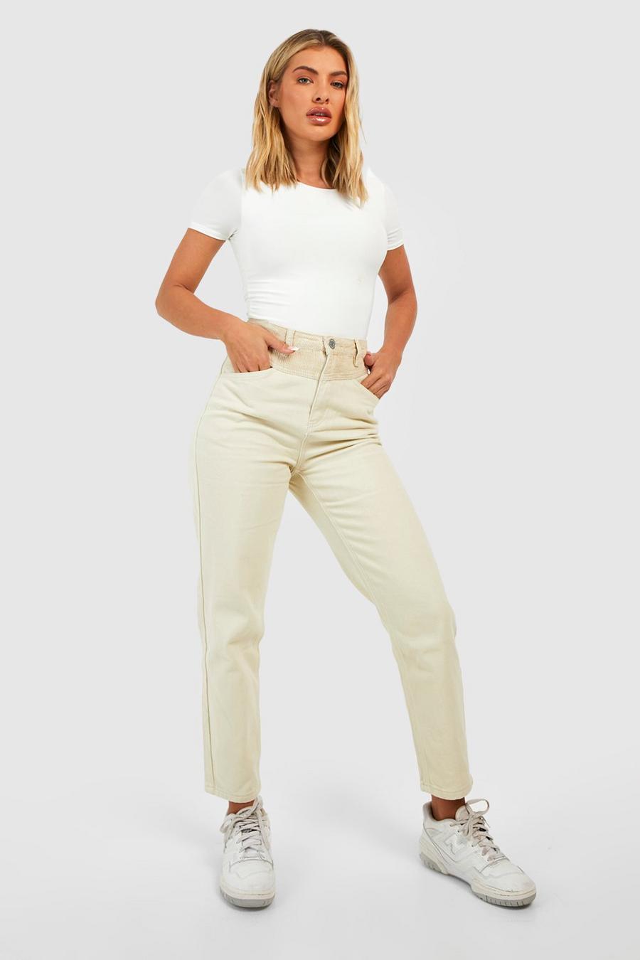 Mom-Jeans mit hohem Bund und Kontrast Cord-Einsatz, Ecru image number 1