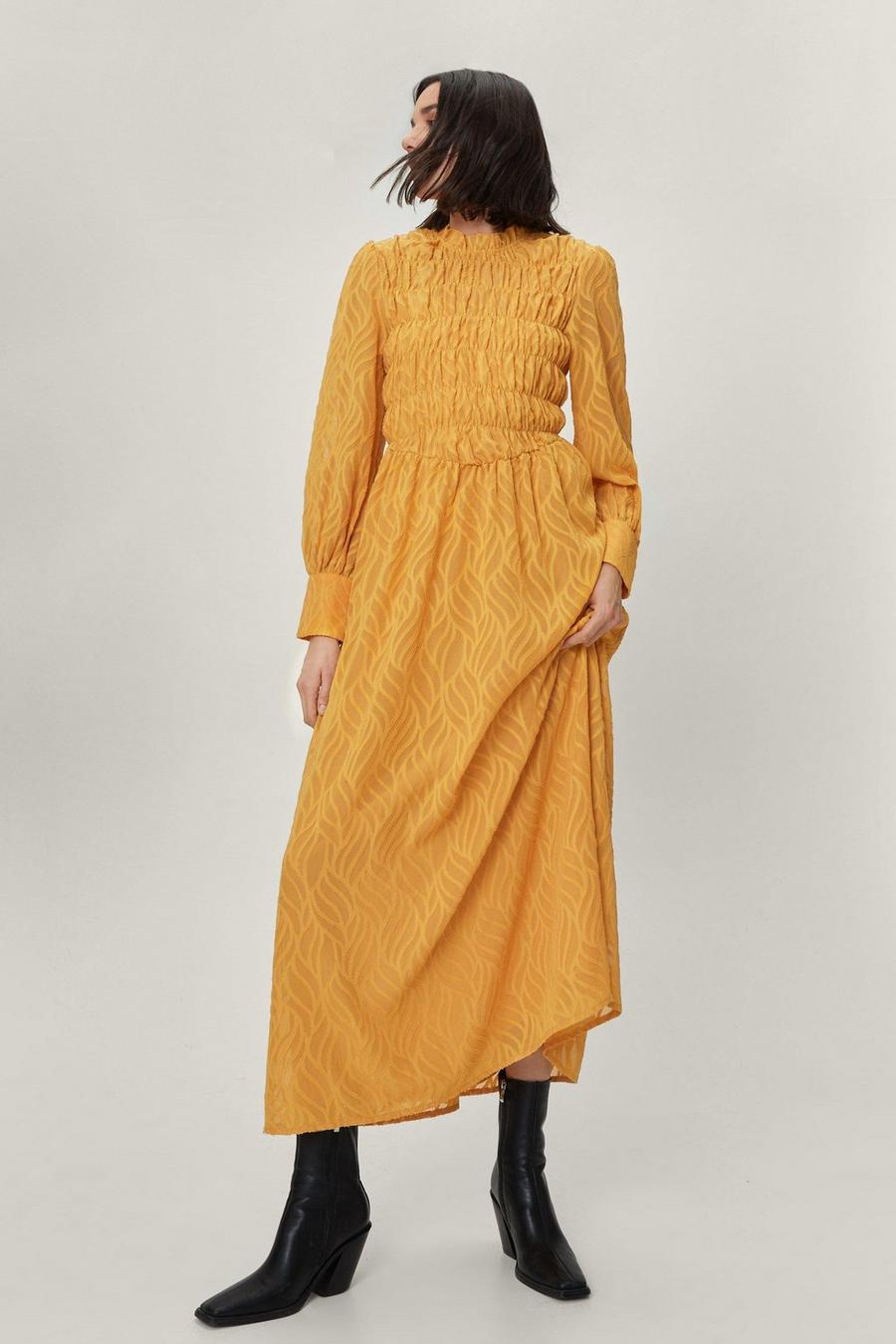 Mustard yellow Textured Shirred Maxi Smock Dress