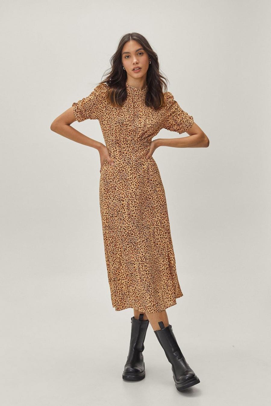 High Neck Ruched Sleeve Printed Midi Dress image number 1