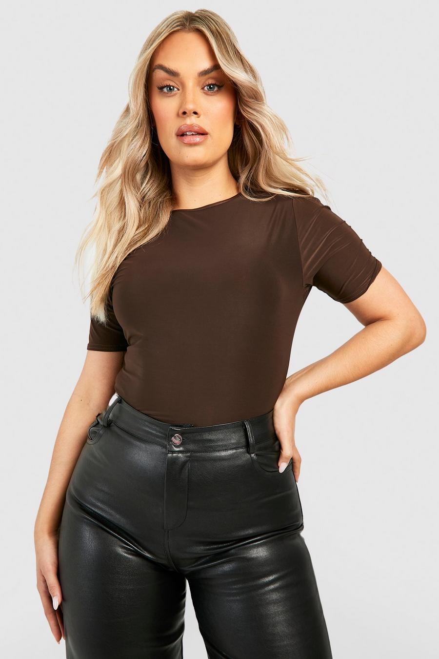 Chocolate brown Plus Slinky Crew Neck Fitted T-shirt
