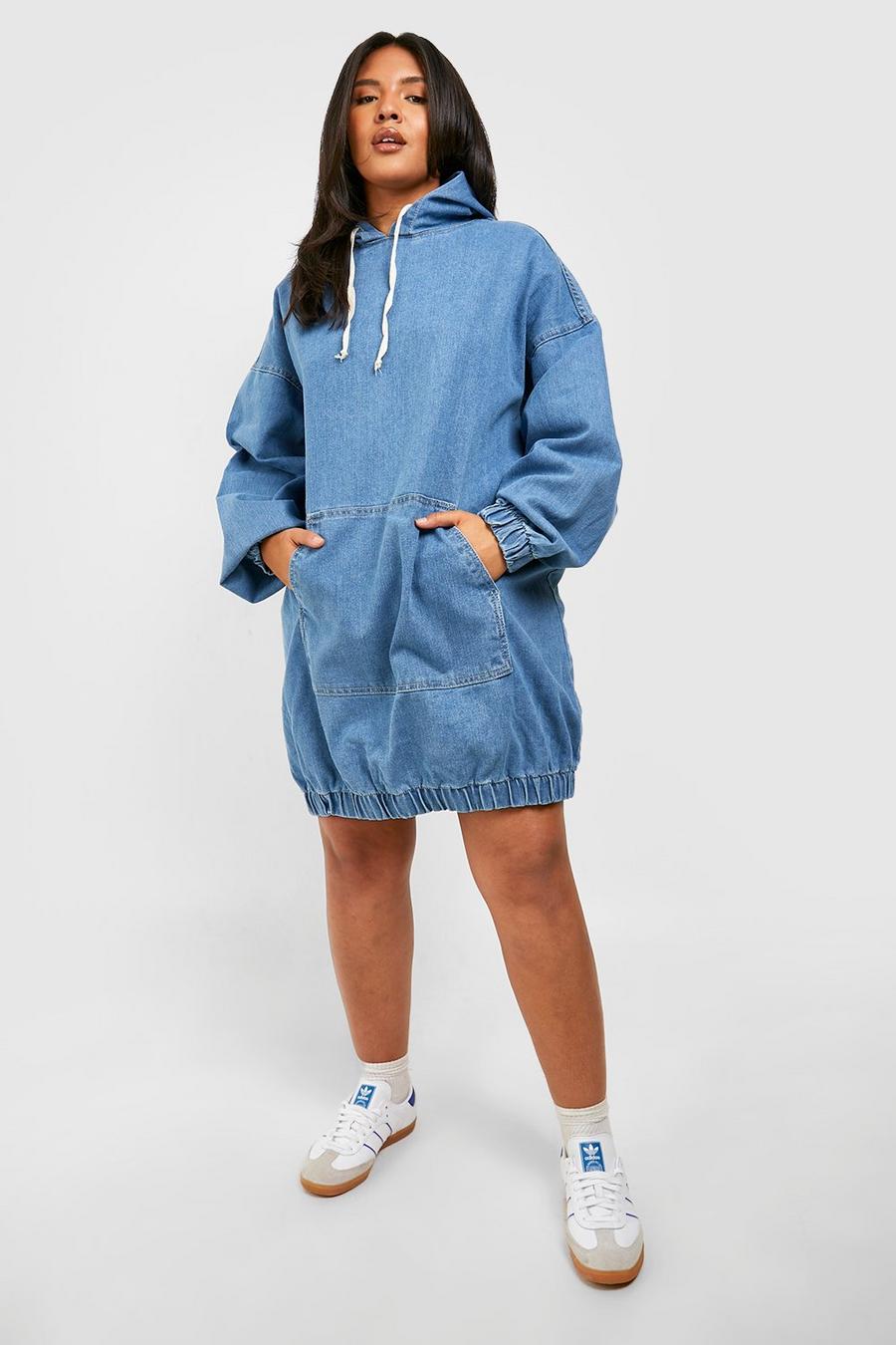 Mid blue Plus Hooded Denim Pullover Dress image number 1