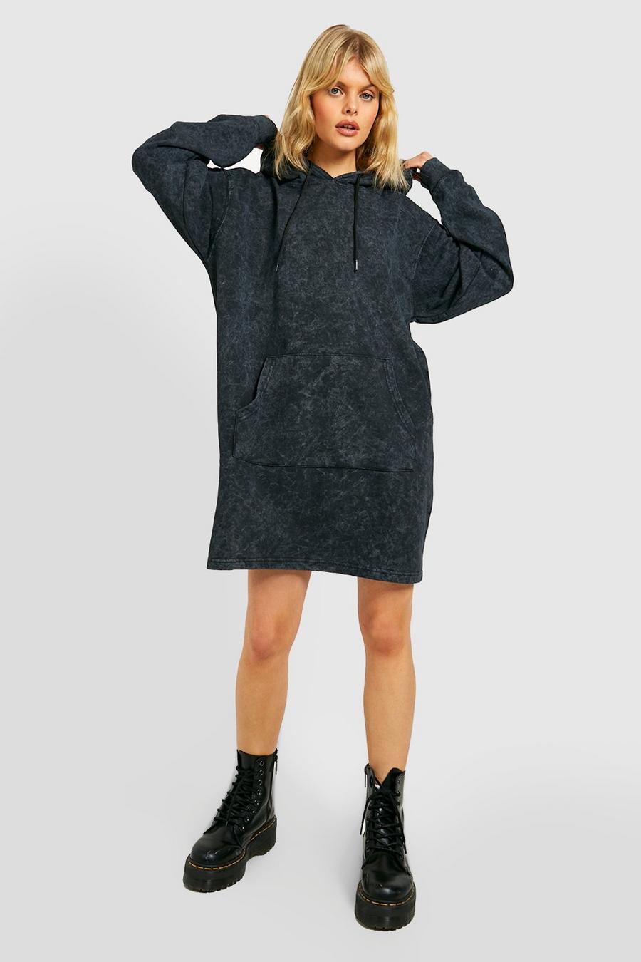 Charcoal grey Acid Wash Oversized Hooded Sweat Dress