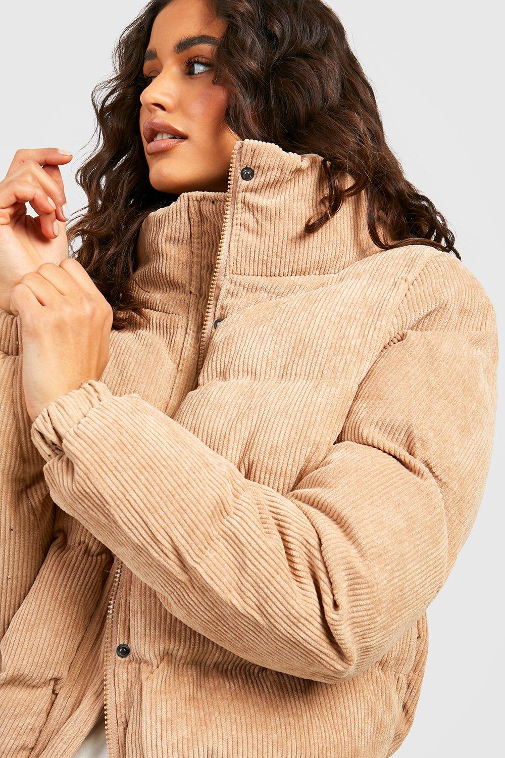 Cord Funnel Neck Puffer Jacket boohoo NO