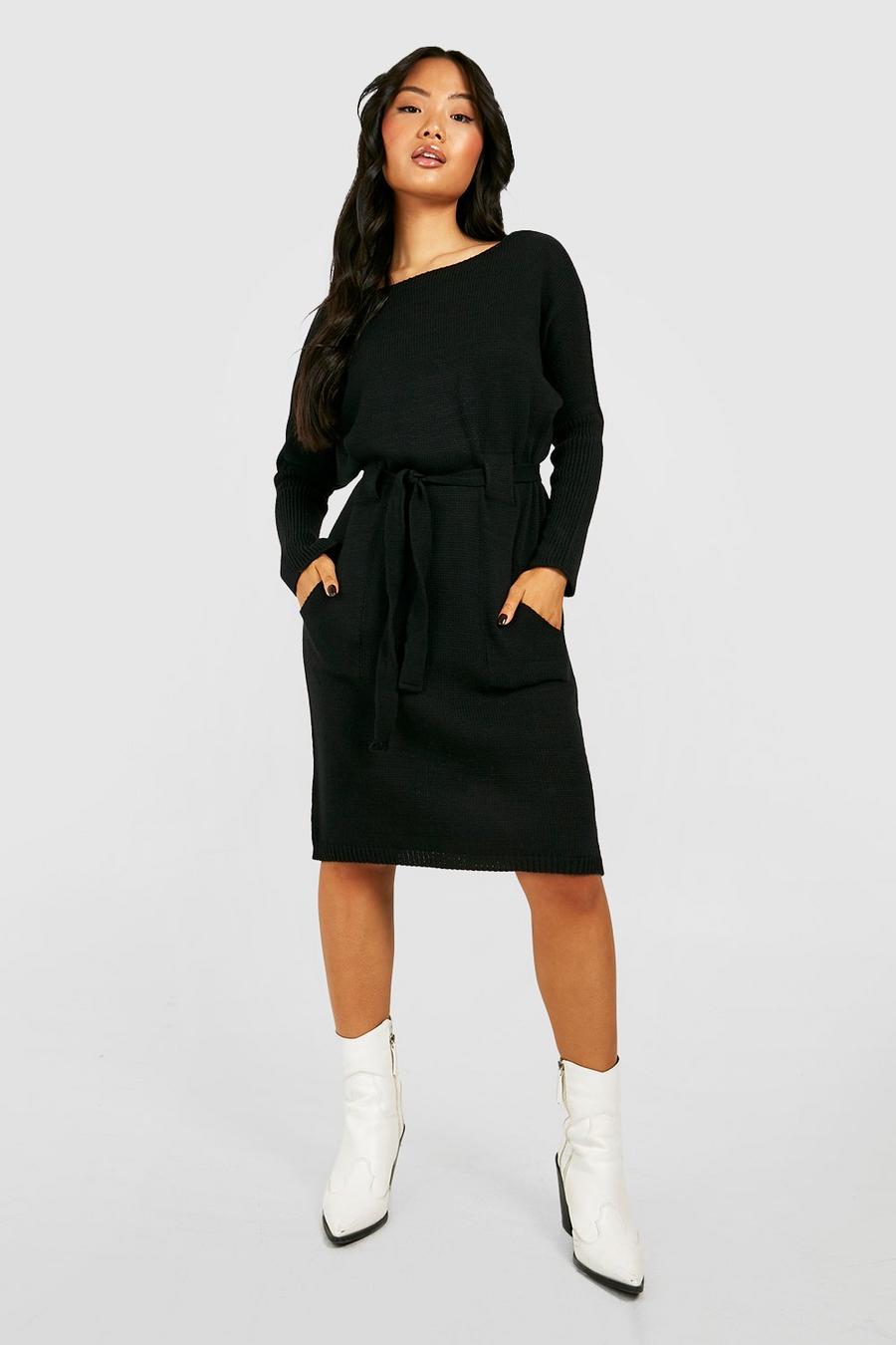 Black Petite Belted Knitted Midi Dress
