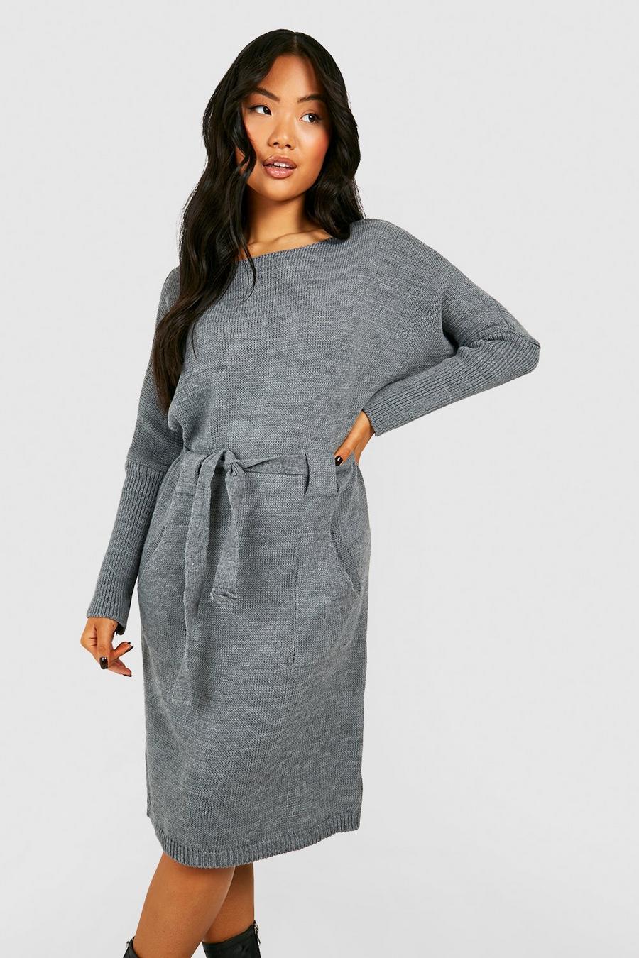 Grey Petite Belted Knitted Midi Dress image number 1