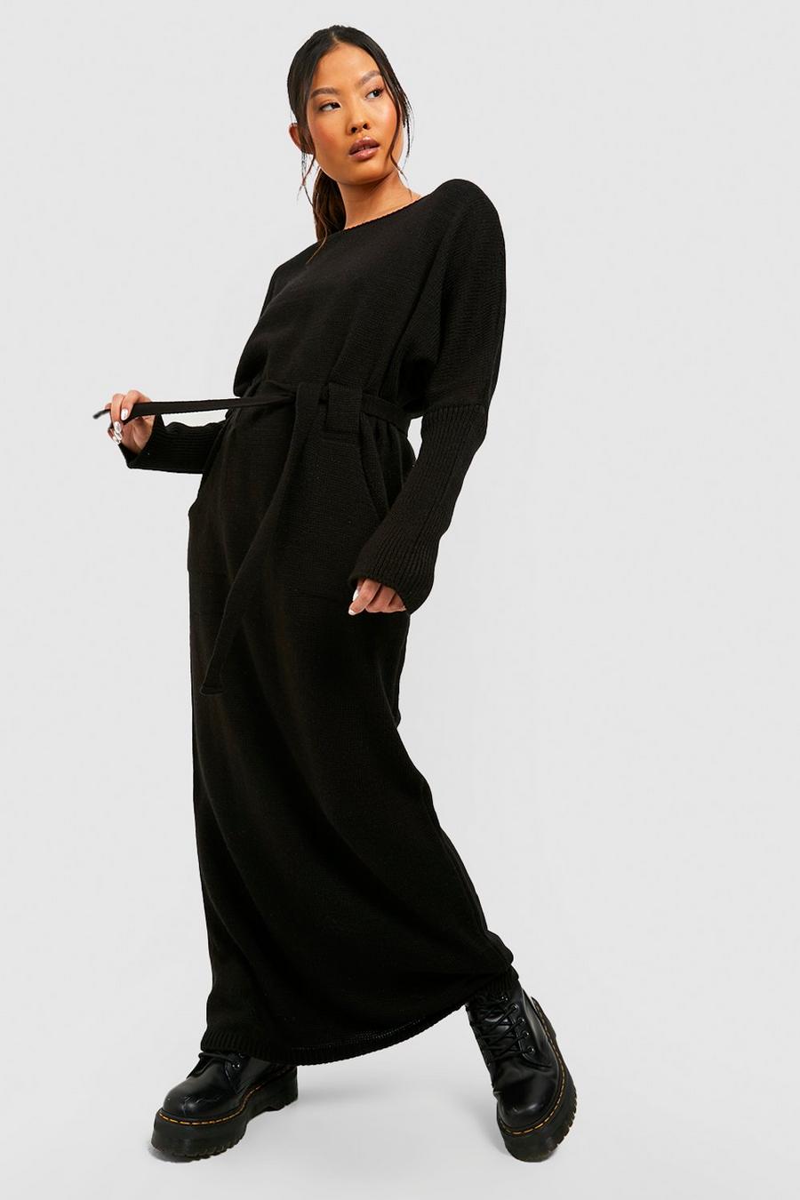 Black Petite Belted Knitted Maxi Dress image number 1