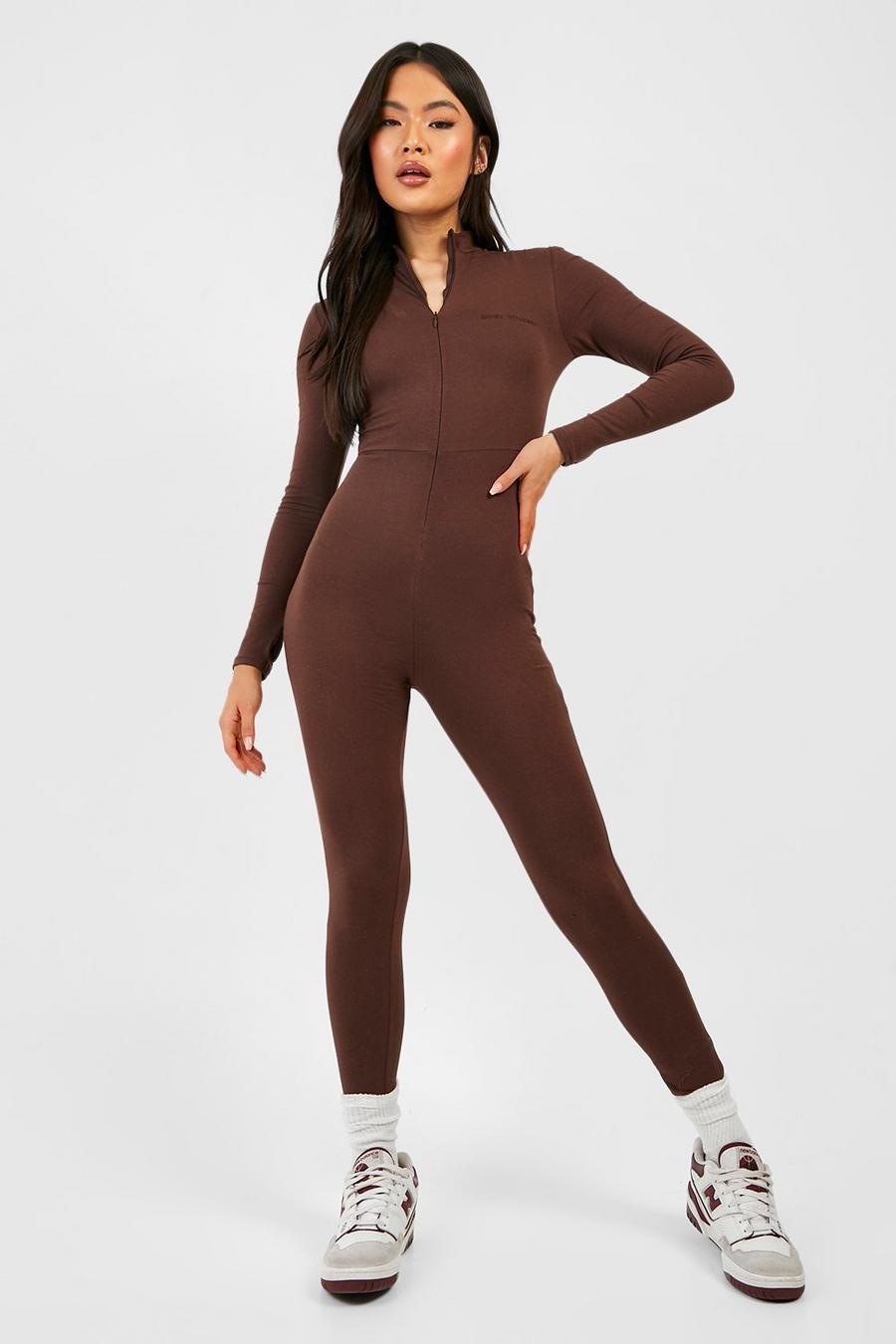 Chocolate brown Embroidered Zip Front Fitted Sculpt Jumpsuit