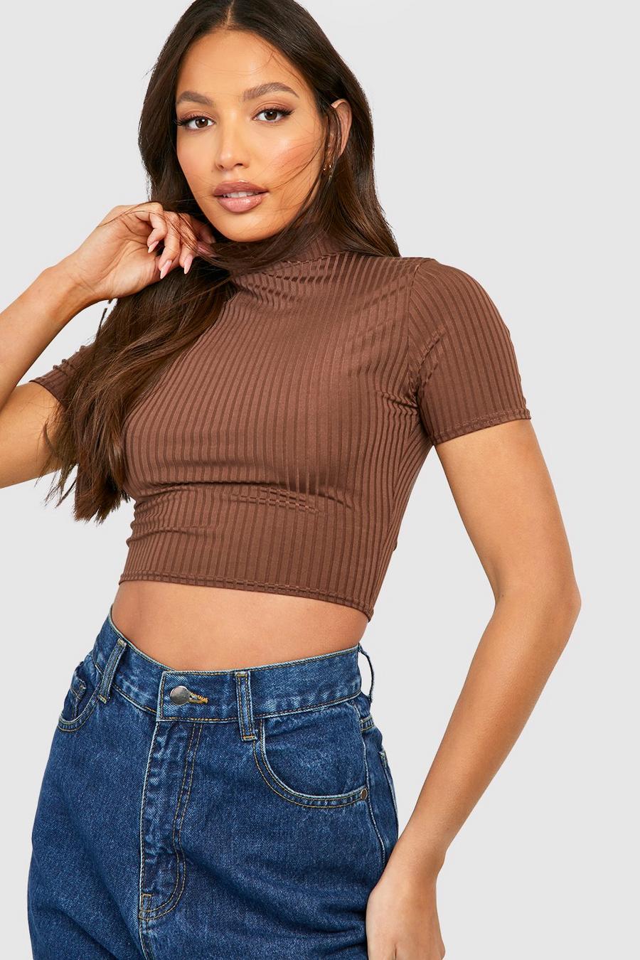 Chocolate Short Sleeve High Neck Ribbed Crop Top image number 1