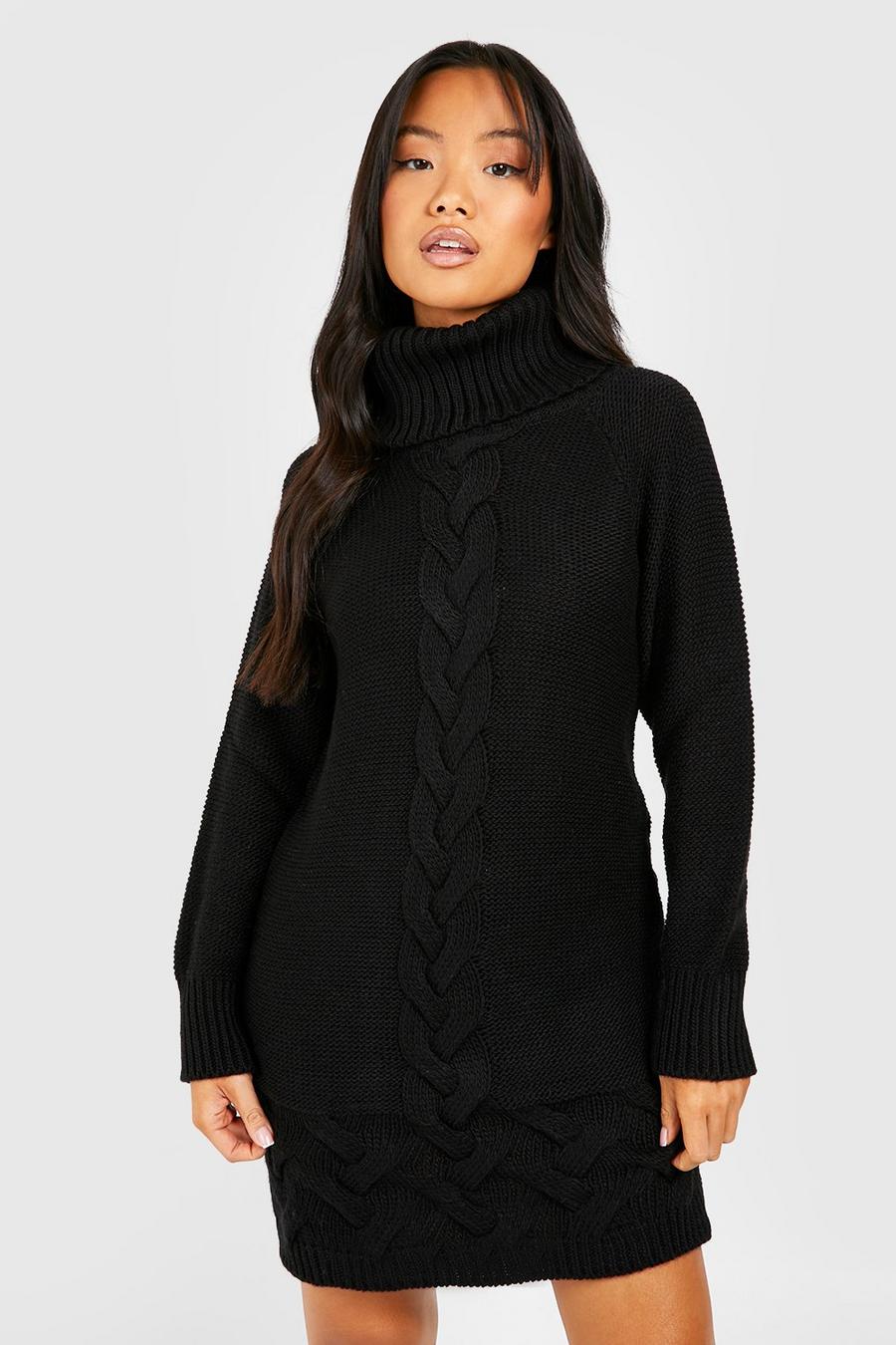 Black Petite Turtleneck Cable Knit Sweater Dress