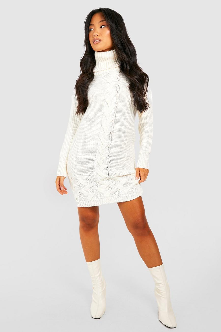 Ivory Petite Roll Neck Cable Knit Jumper Dress image number 1