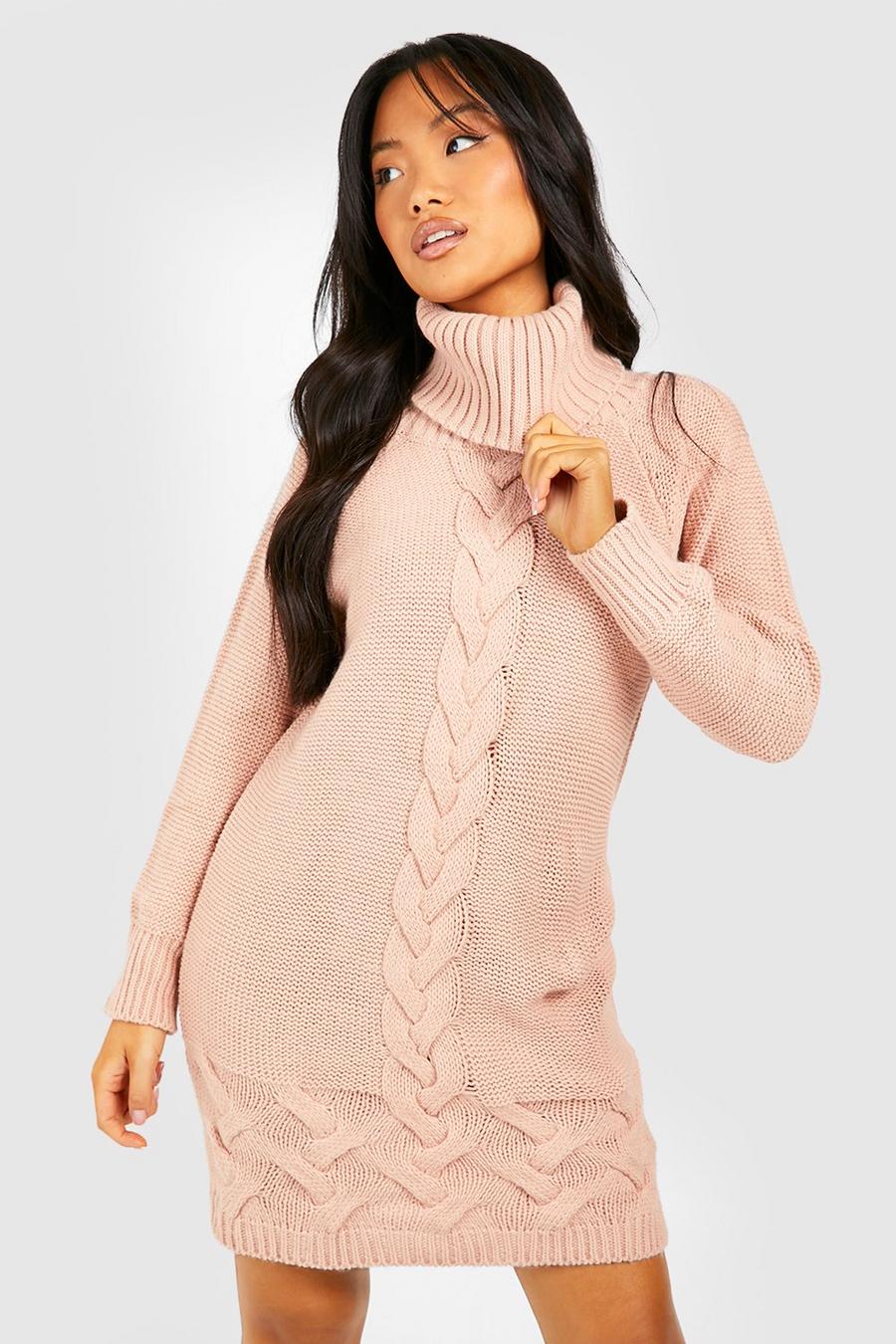 Toffee beige Petite Roll Neck Cable Knit Jumper Dress