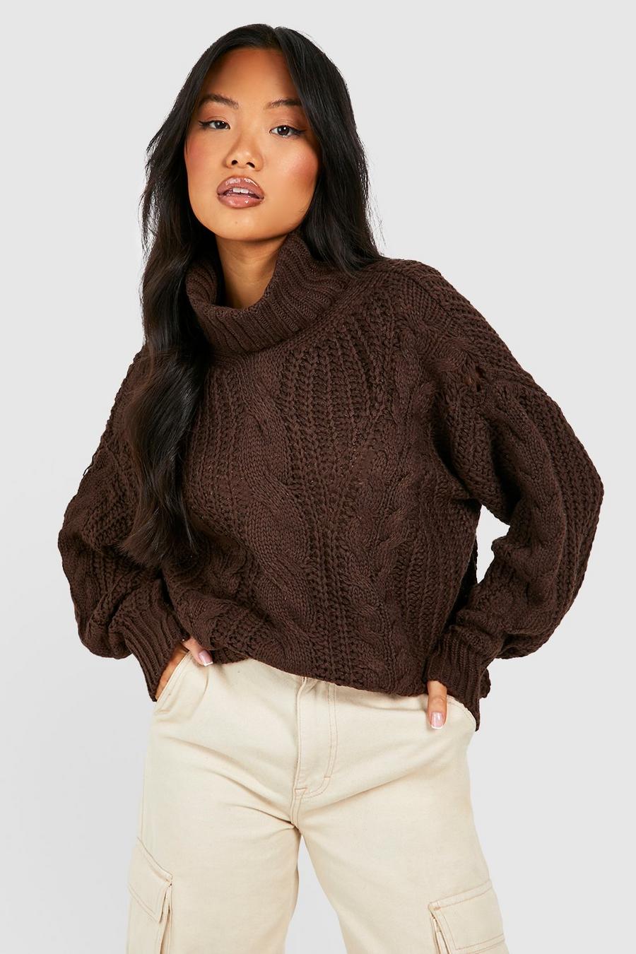 Chocolate Petite Roll Neck Cable Knit Chunky Jumper  image number 1