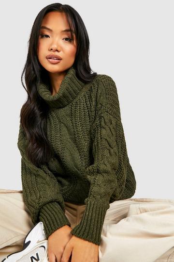 Petite Roll Neck Cable Knit Chunky Jumper olive