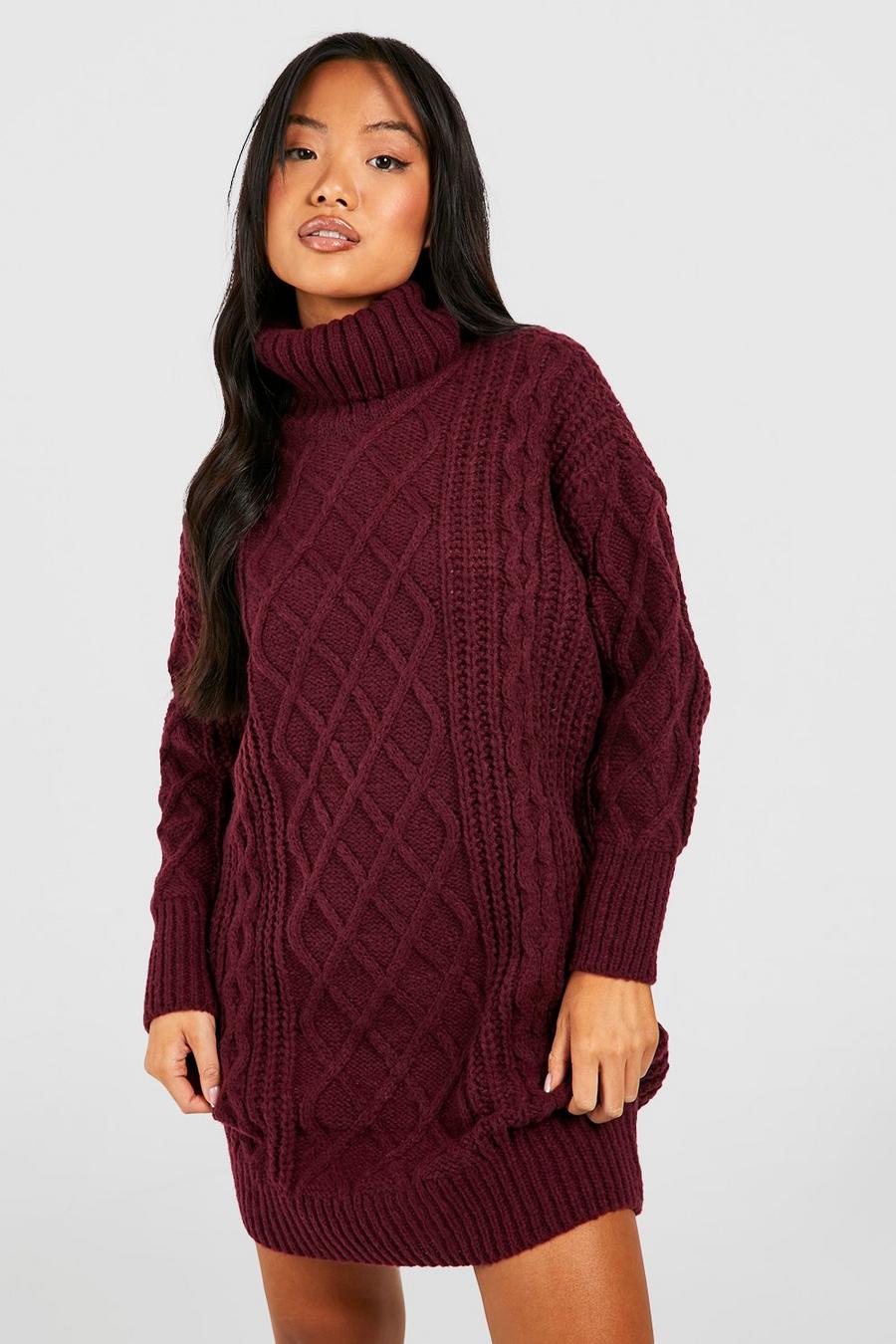 Berry Petite Roll Neck Diamond Cable Knit Jumper Dress image number 1