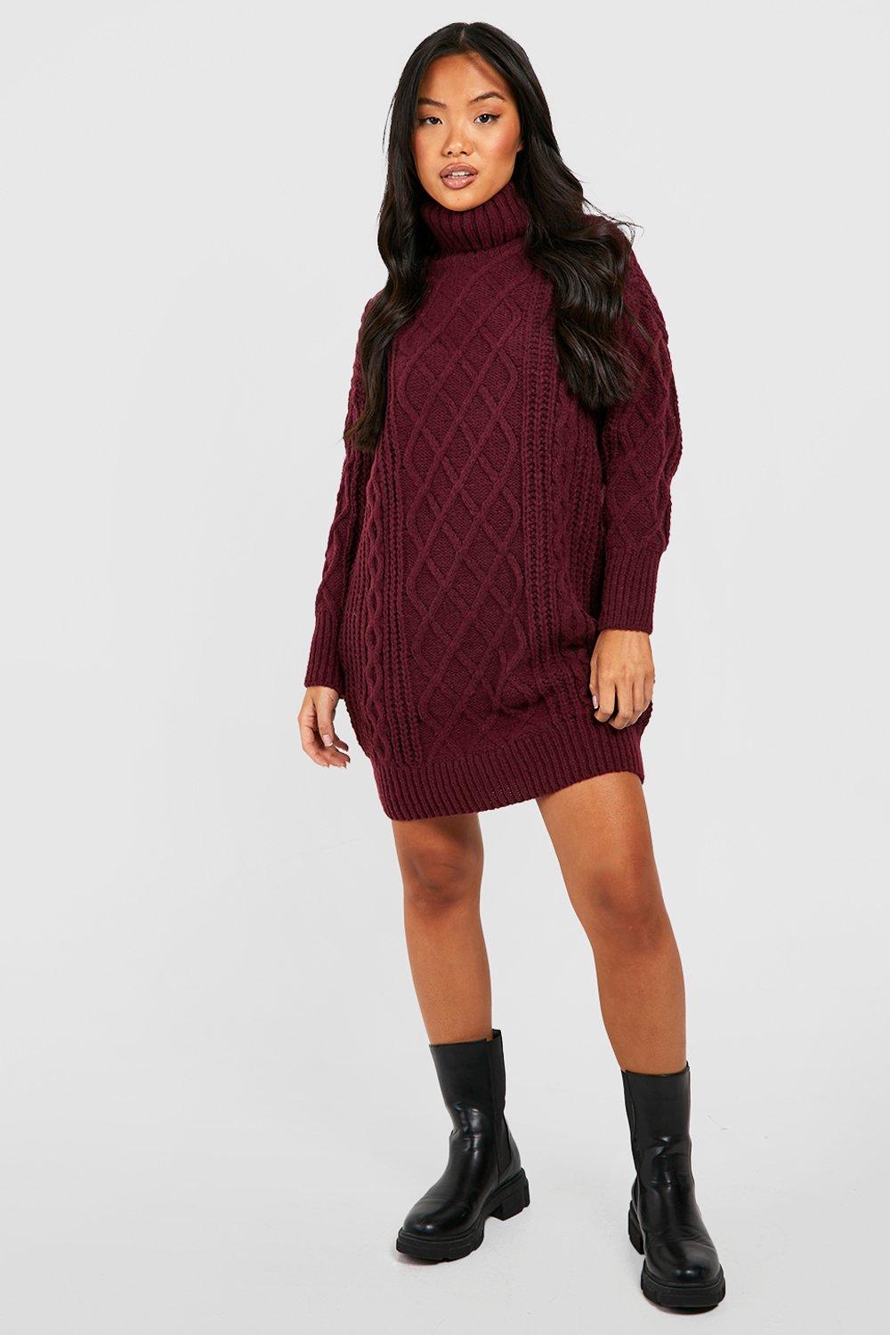 Petite Turtleneck Diamond Cable Knit Sweater Dress