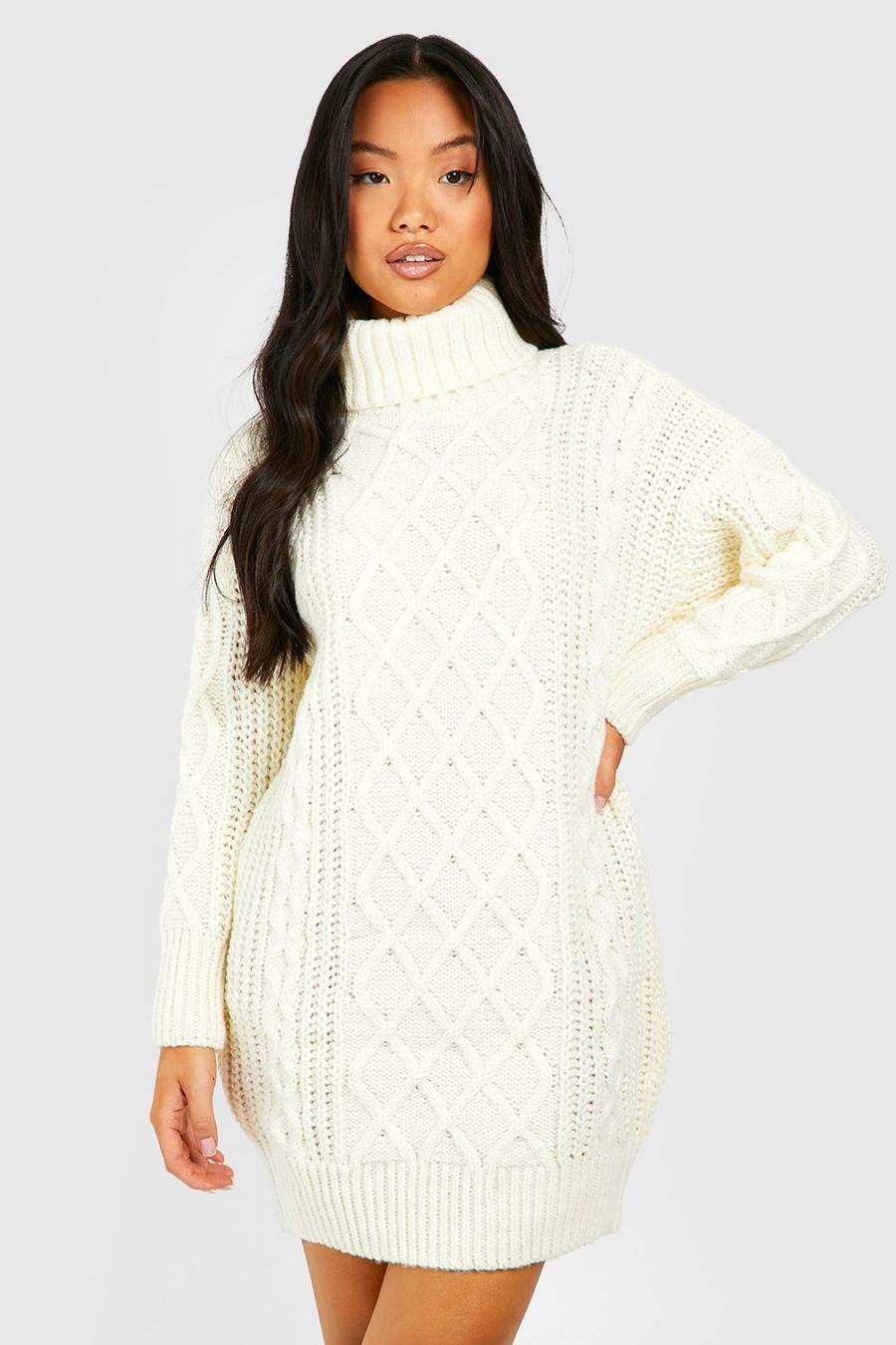 Ivory Petite Roll Neck Diamond Cable Knit Jumper Dress image number 1