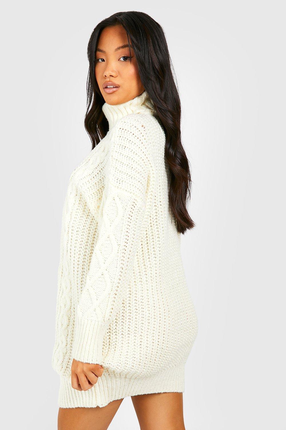 Petite Roll Neck Diamond Cable Knit Jumper Dress