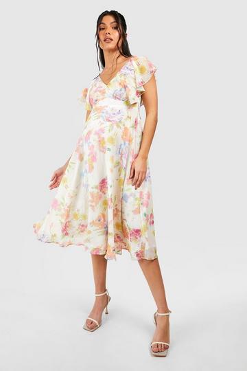 Maternity Occasion Floral Tie Back Frill Midi Dress multi