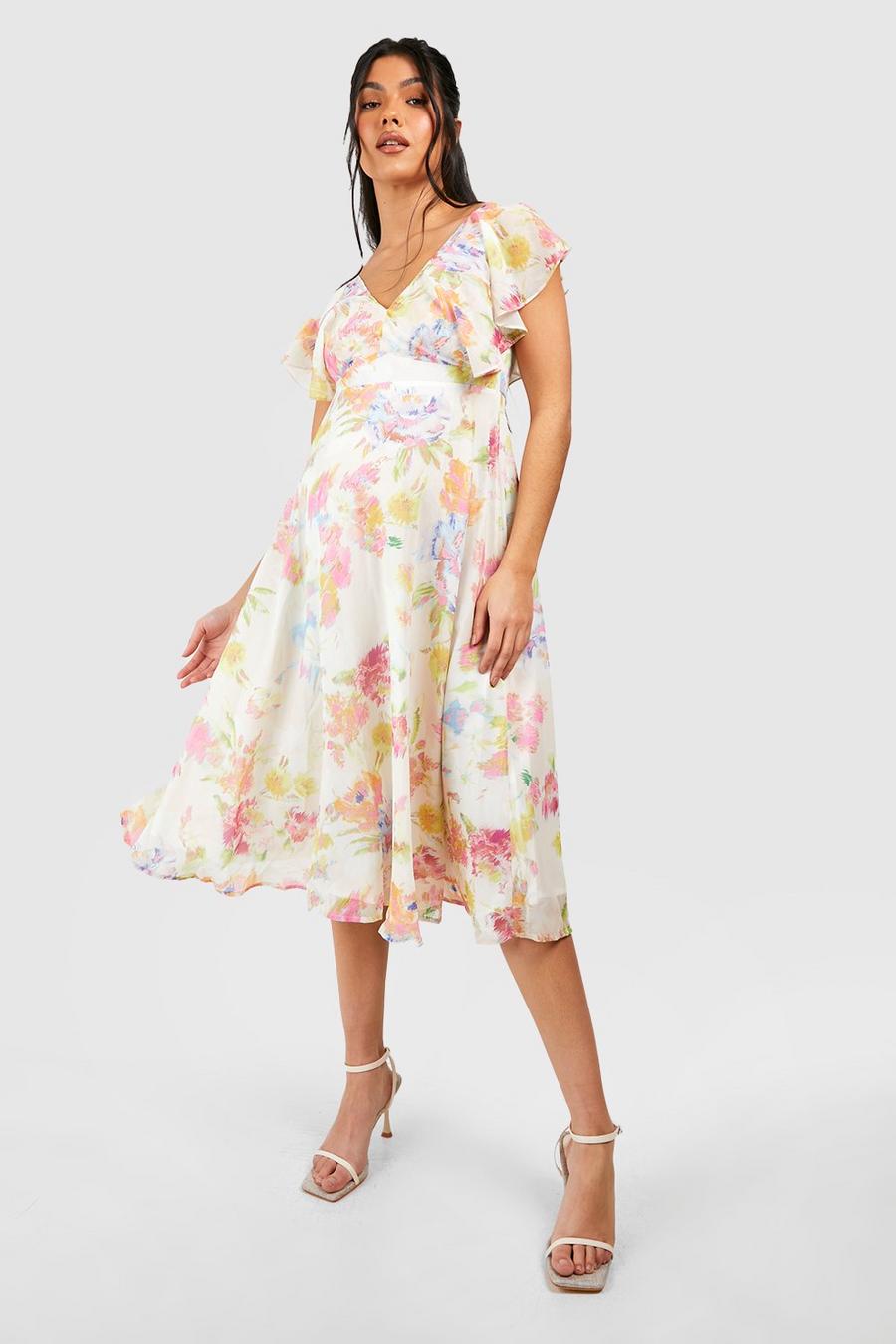 Multi Maternity Occasion Floral Tie Back Frill Midi Dress image number 1