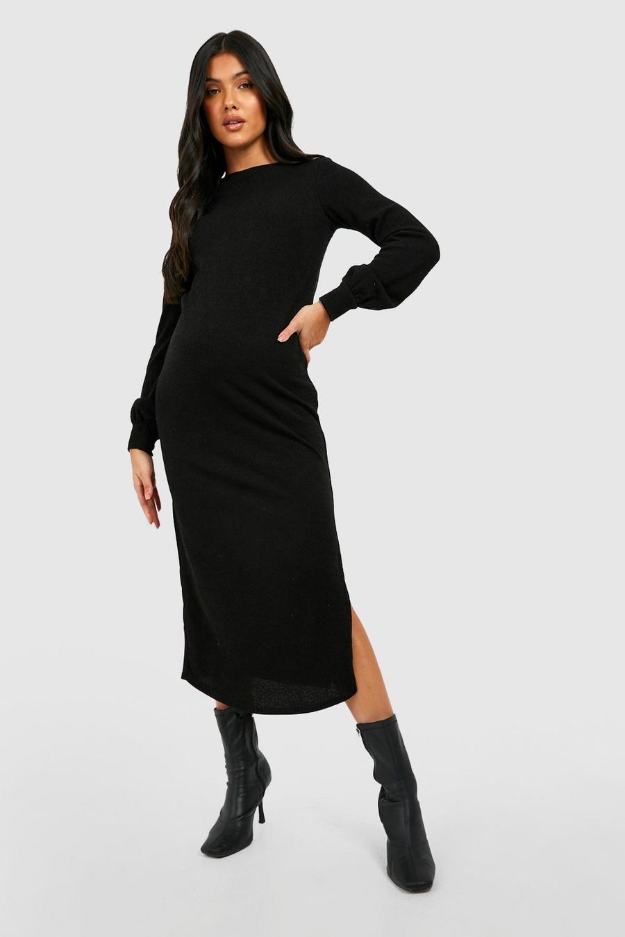 Black Maternity Side Split Midi Sweater Dress