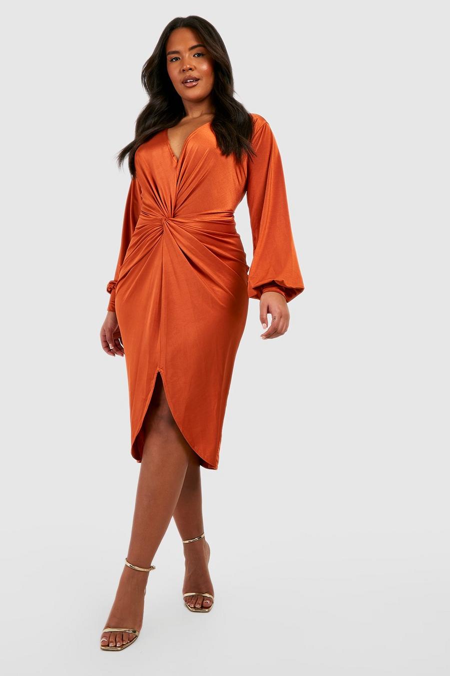 Burnt orange Plus Twist Front Plunge Midi Dress image number 1