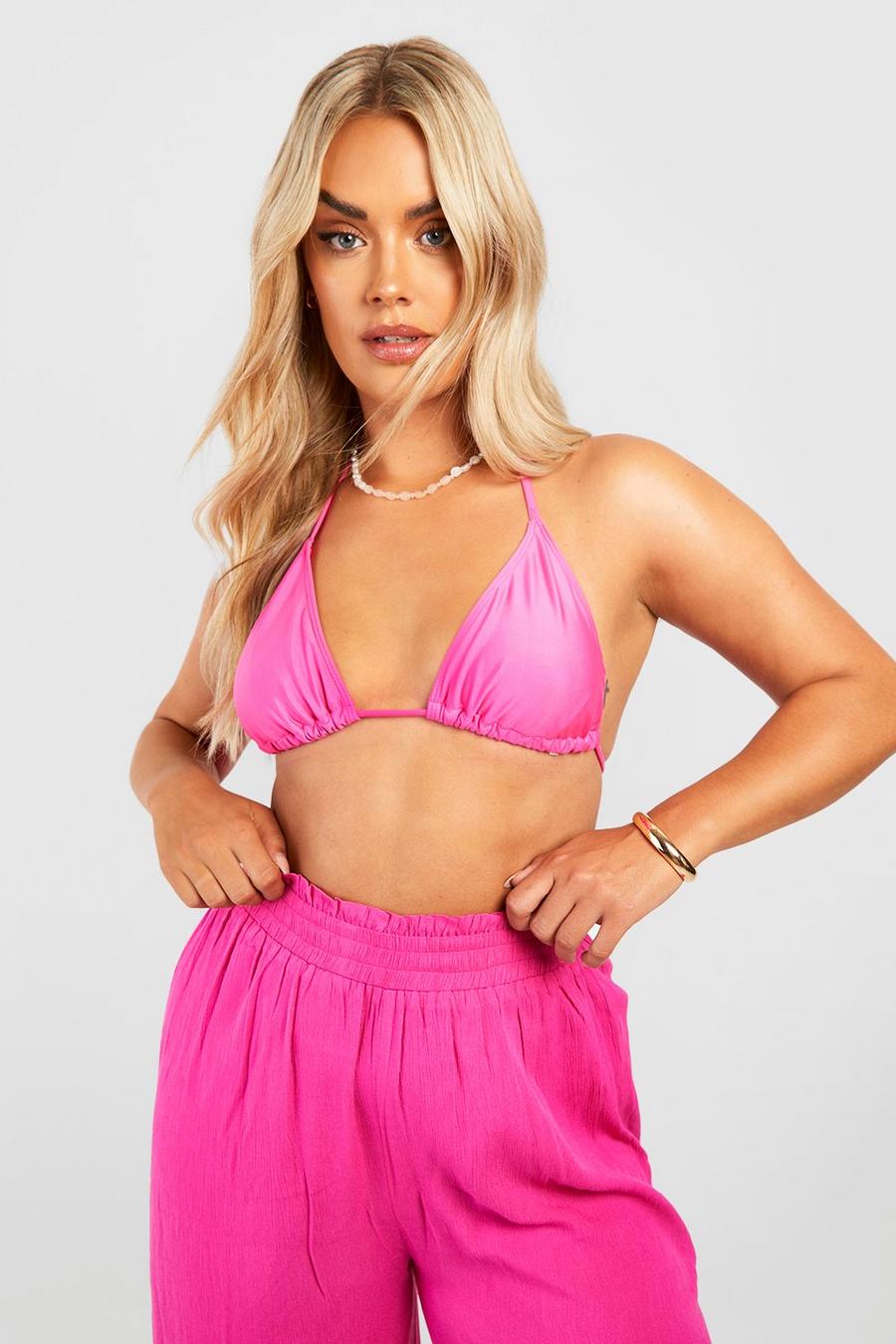 Bright pink Plus Triangel bikiniöverdel med knytdetalj image number 1