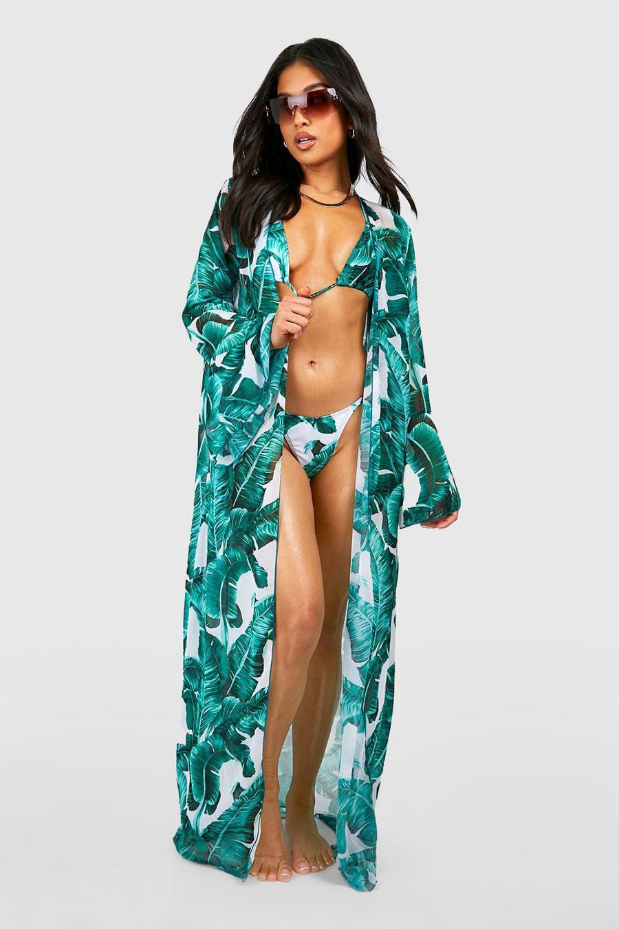 Green Petite Palm Print Bikini And Kimono Set 