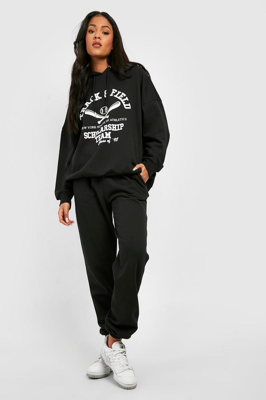 Black Tall Varsity Print Hoodie And Jogger Tracksuit image number 1