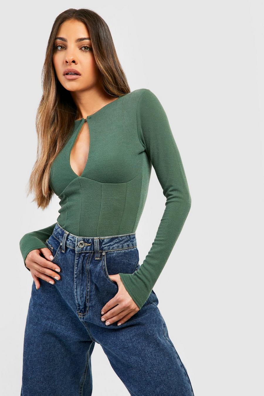 Sage green Crinkle Rib Cut Out Detail Top 