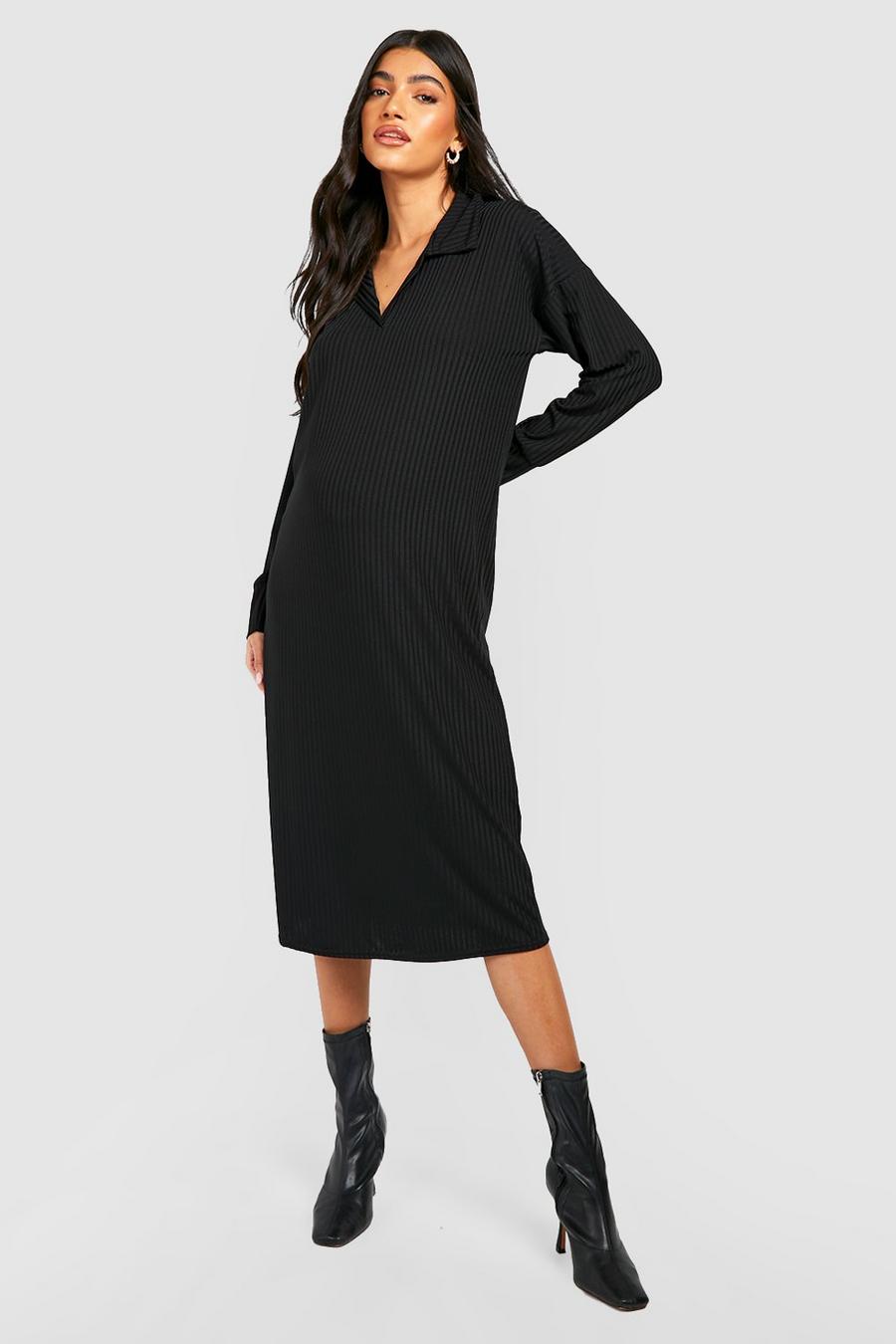Black Maternity Soft Rib Polo Neck Midi Sweater Dress