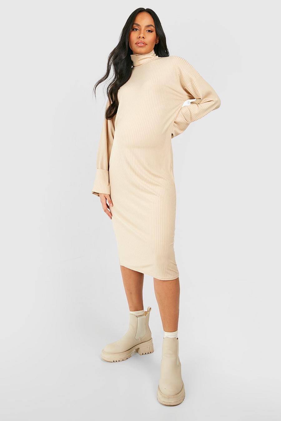 Taupe beige Maternity Soft Rib Roll Neck Midi Jumper Dress