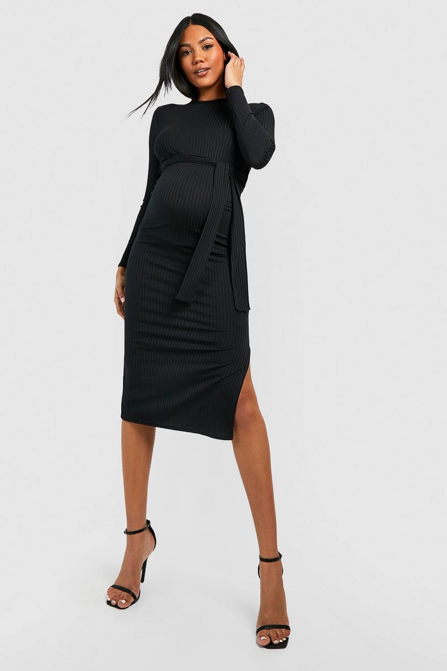 Black Maternity Soft Rib Belted Split Midi Dress image number 1