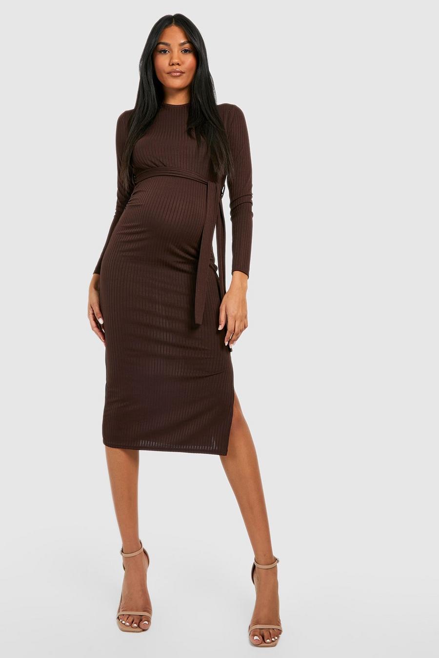Chocolate brown Maternity Soft Rib Belted Split Midi Dress image number 1
