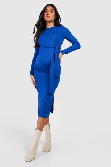 Maternity Soft Rib Belted Split Midi Dress petrol