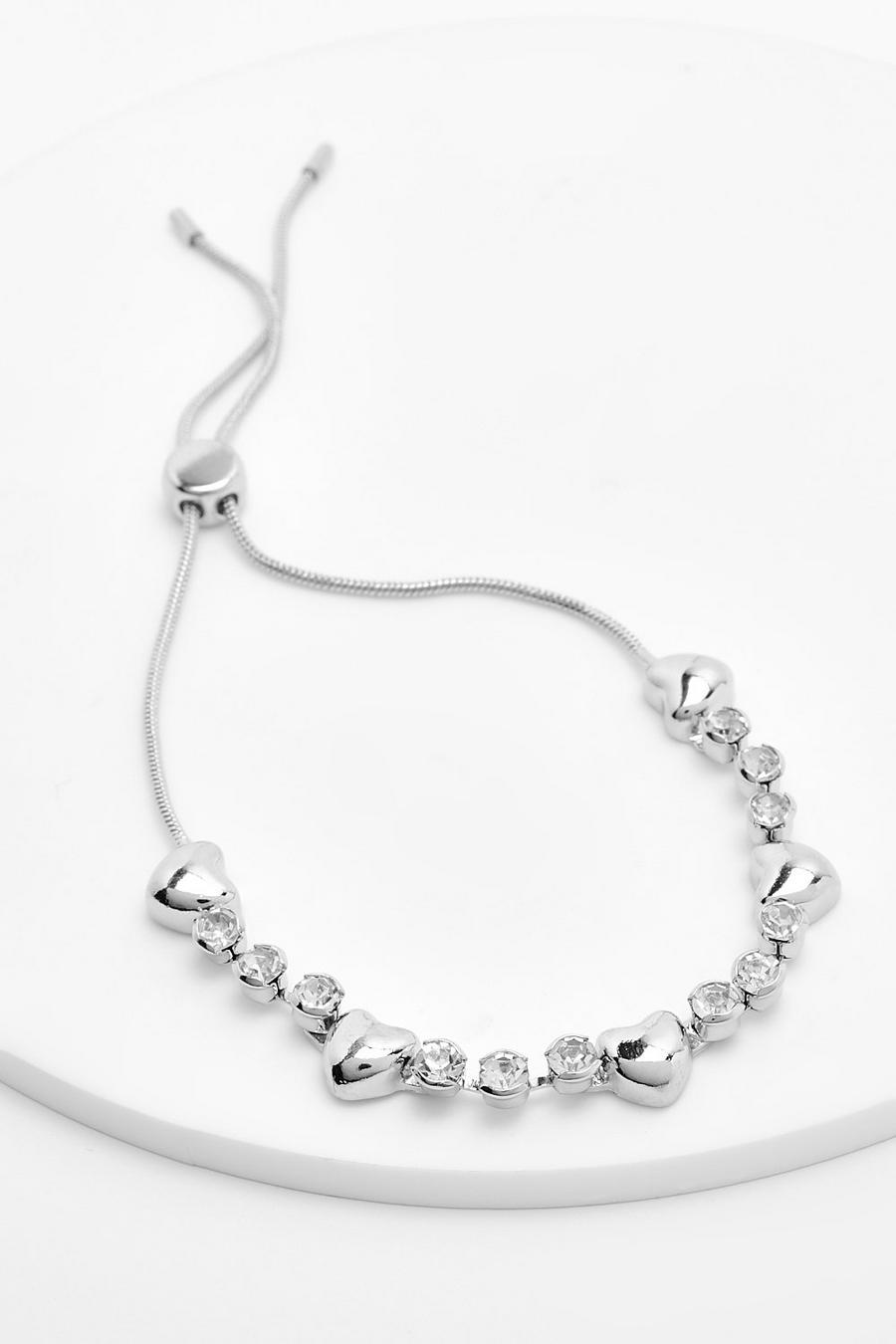 Silver Polished Heart Crystal Row Toggle Bracelet image number 1