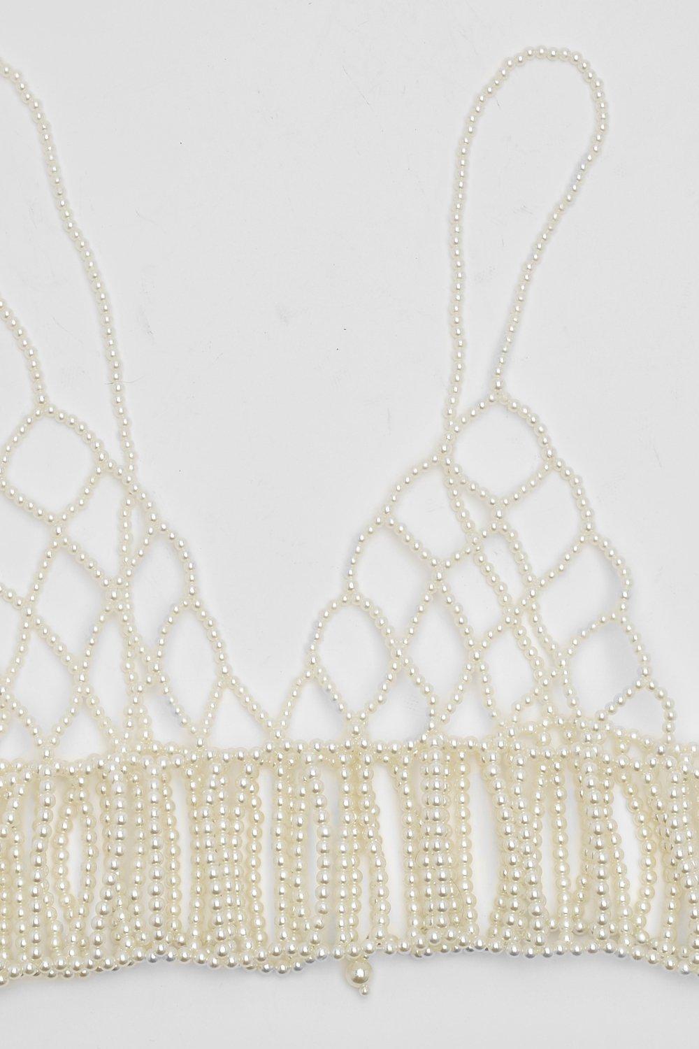 Sexy Big Pearl Crop Top Rave Festival Metal Chain Bralette Beaded Camis  Tank