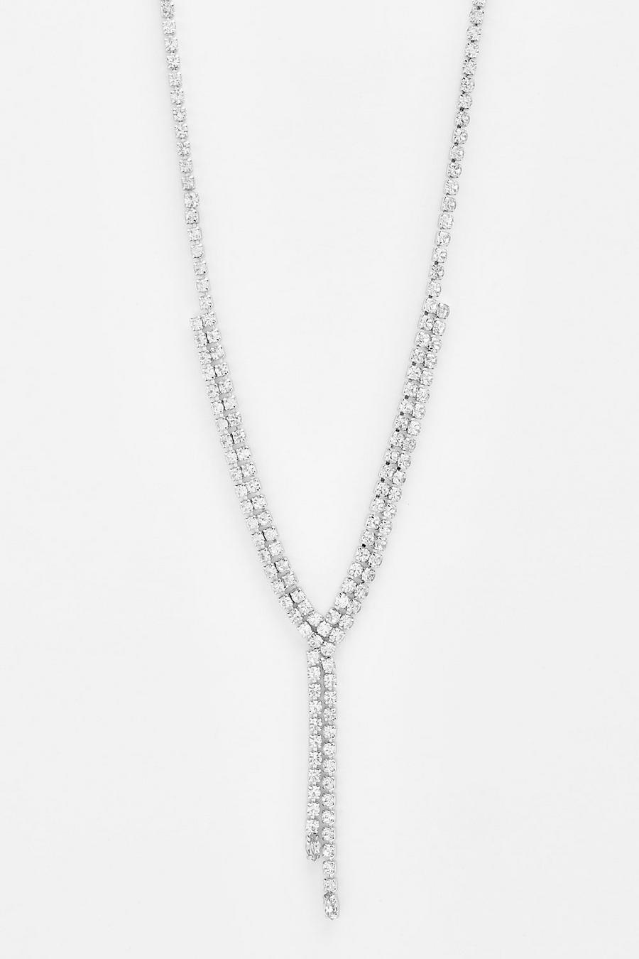 Silver Oval Droplet Crystal Row Necklace