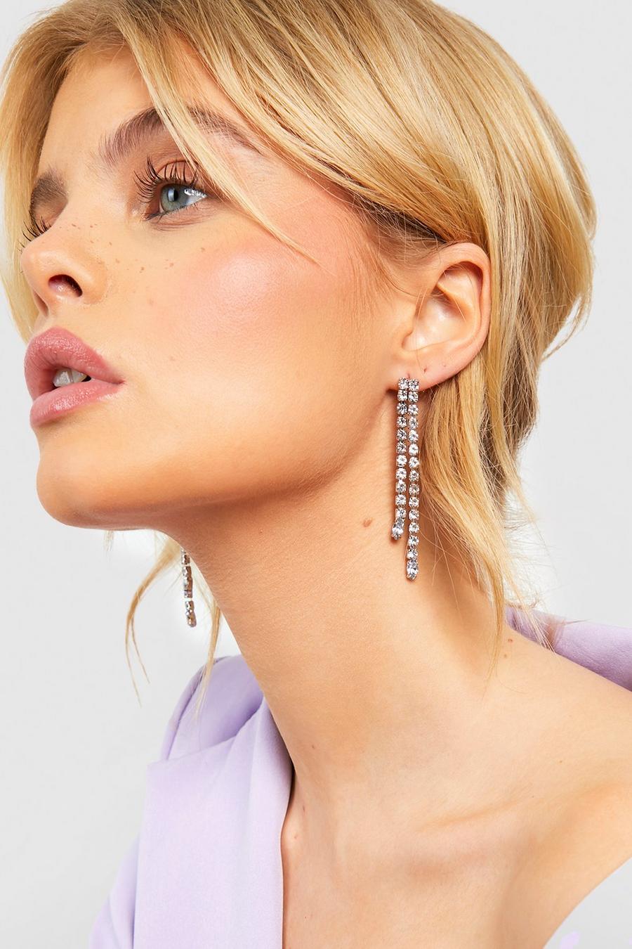 Silver Oval Droplet Crystal Row Earrings