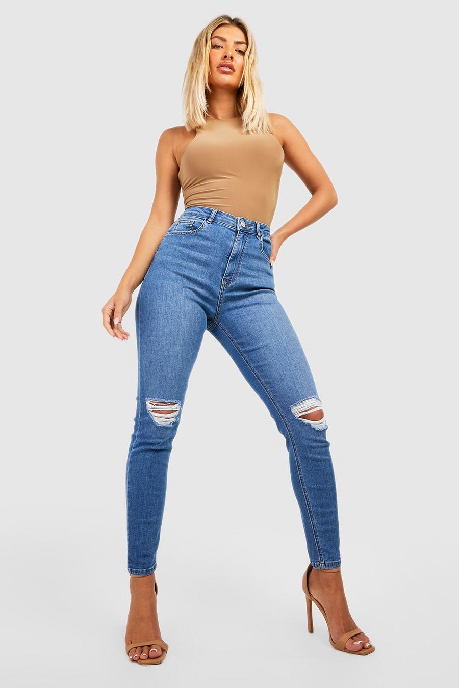 Zerrissene Butt-Shaper Skinny Jeans mit hohem Bund, Mid wash image number 1