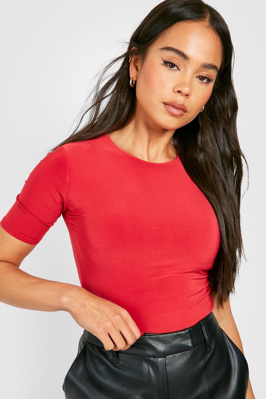 Red Petite Double Layer Slinky Short Sleeve Top image number 1