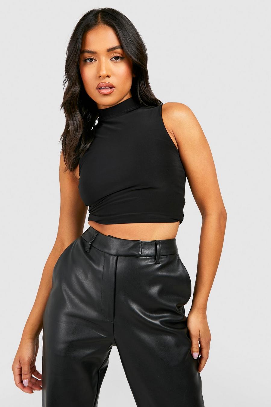 Black Petite Double Layer Slinky High Neck Crop Top image number 1