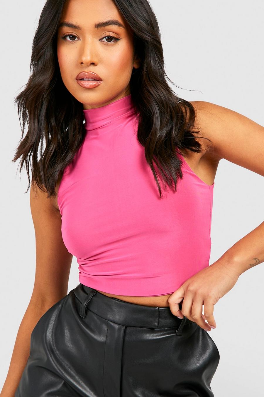 Pink Petite Double Layer Slinky High Neck Crop Top image number 1