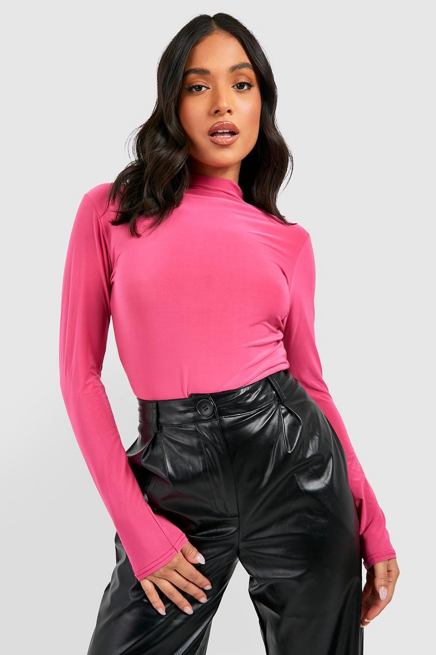 Pink Petite Double Layer Slinky High Neck Top image number 1