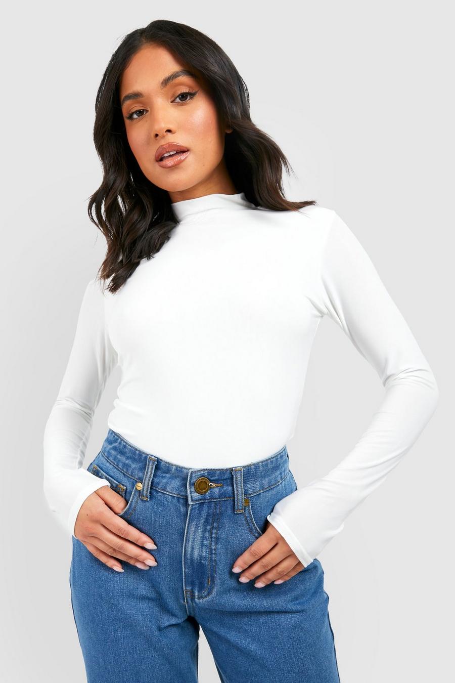 White Petite Double Layer Slinky High Neck Top image number 1