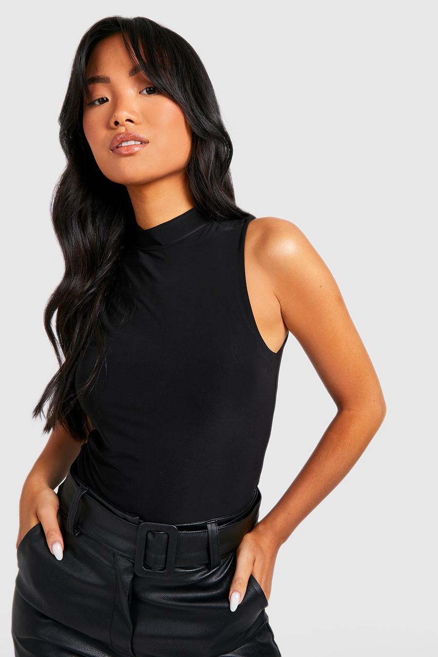 Black Petite Double Layer Slinky High Neck Bodysuit image number 1