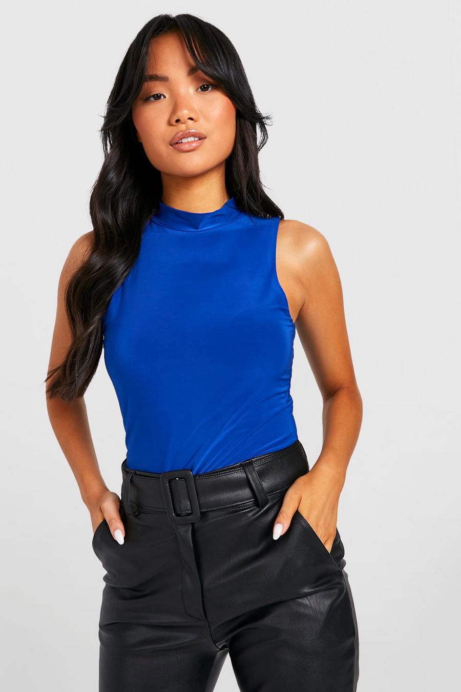 Electric blue Petite Double Layer Slinky High Neck Bodysuit image number 1