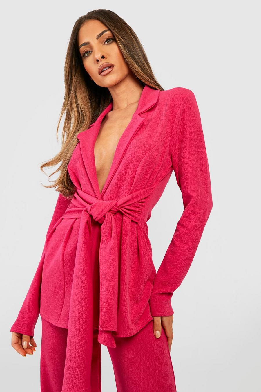 Hot pink Basic Jersey Knit Ruched Tie Side Fitted Blazer image number 1