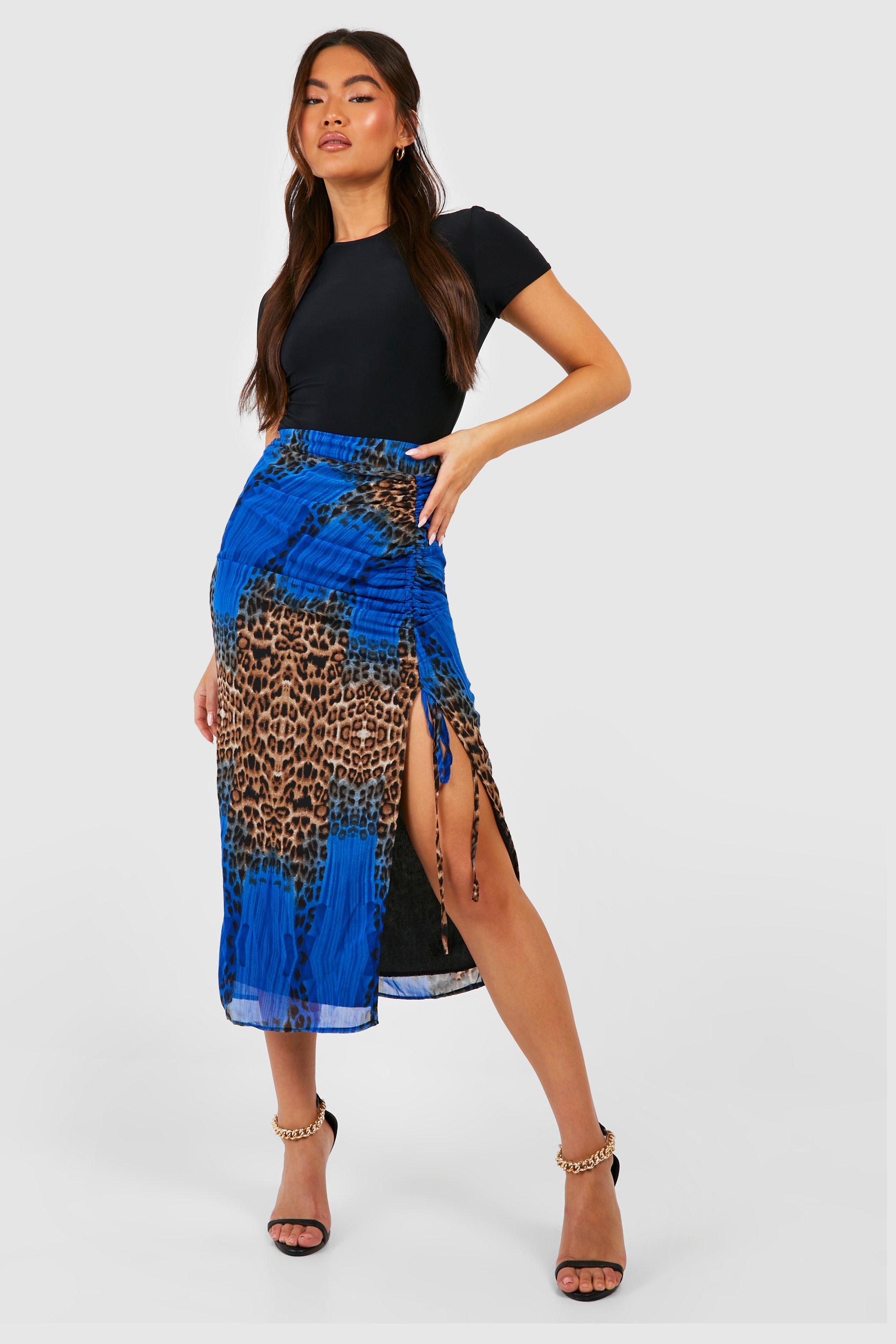 Chiffon Mixed Leopard Ruched Split Midaxi Skirt boohoo