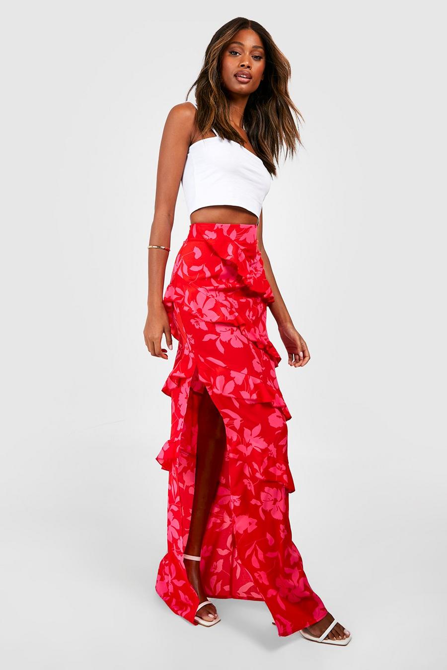 Pink Floral Frill Slip Maxi Skirt image number 1