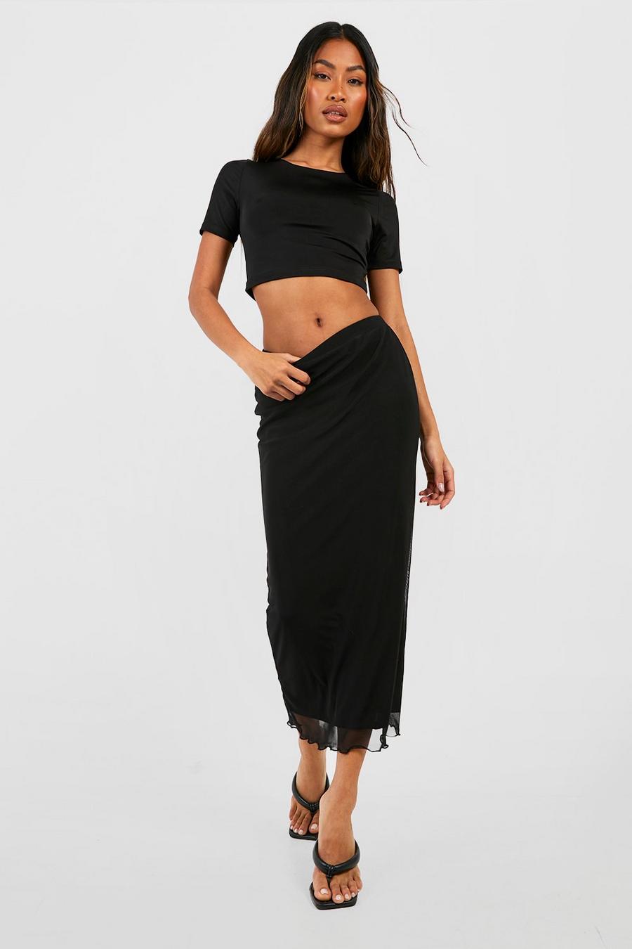 Black Mesh Overlay Midi Slip Skirt image number 1